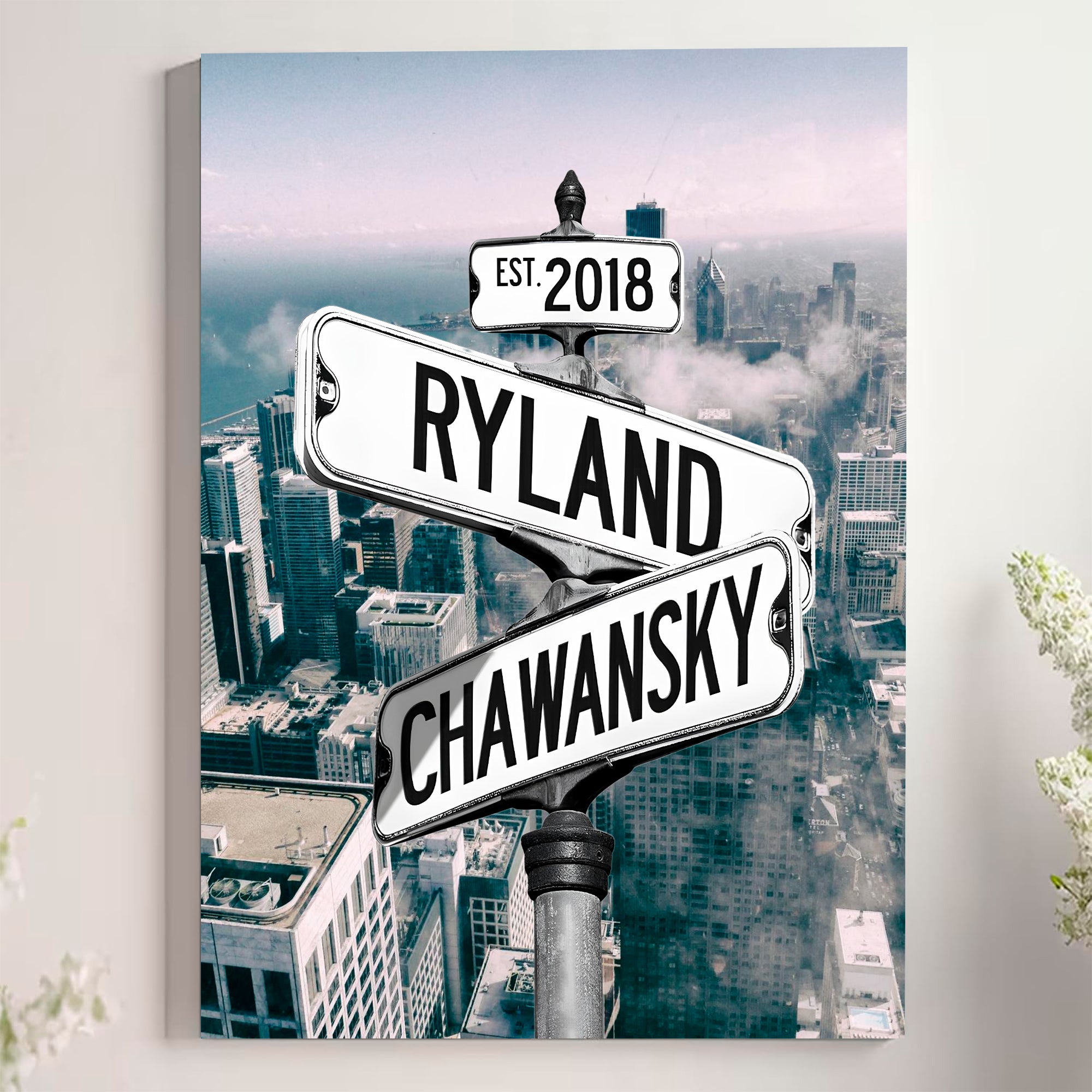 Couple's Name and Date Poster Wall Art Print Canvas on Street Sign New York Skyline