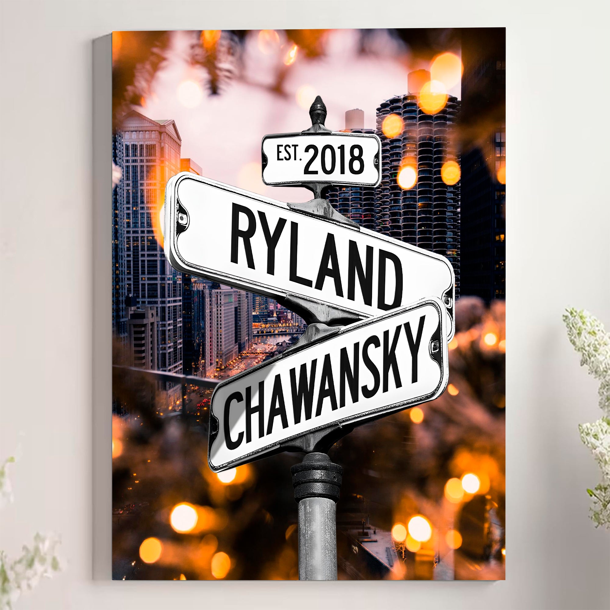 Couple's Name and Date Poster Wall Art Print Canvas on Street Sign City Sunset