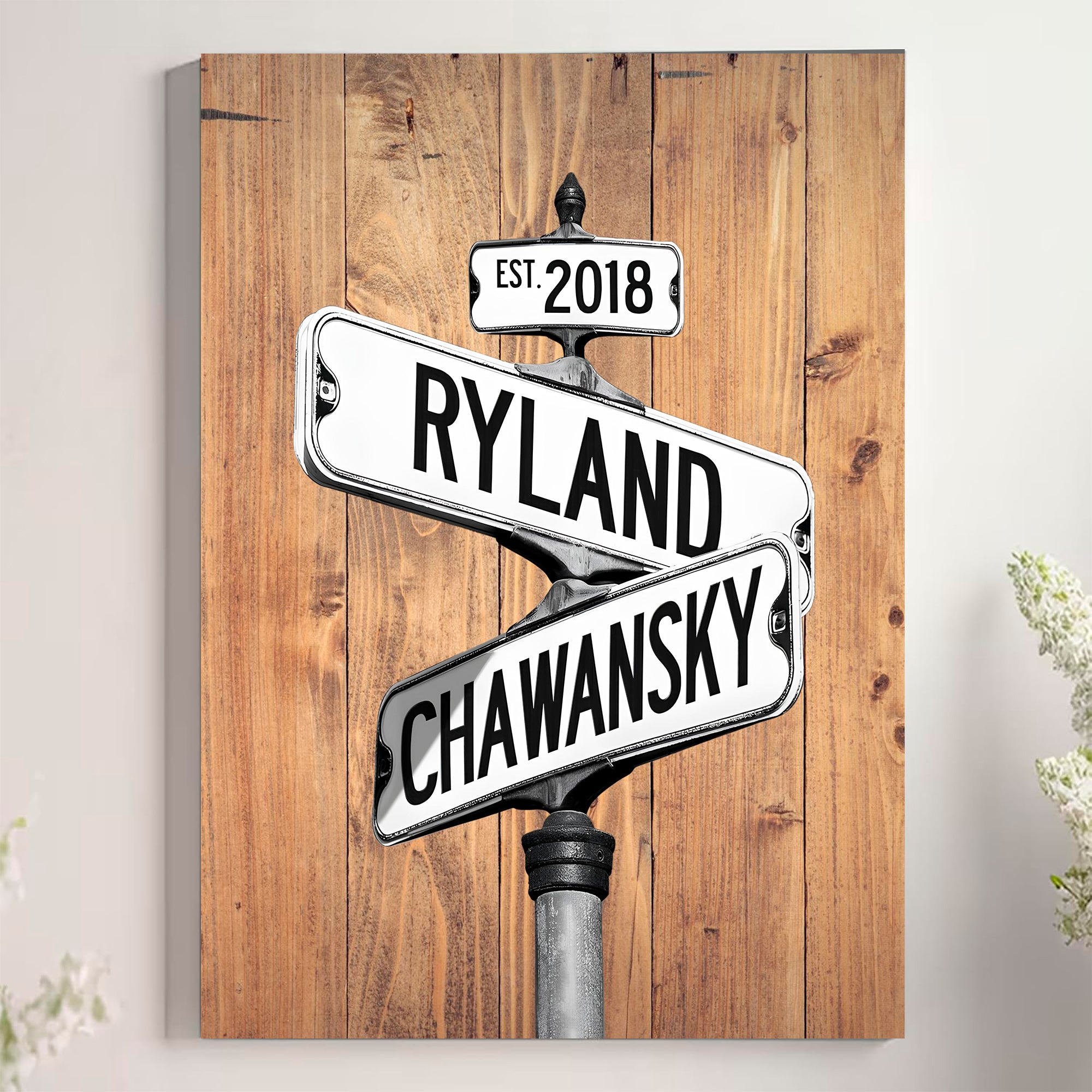 Couple's Name and Date Poster Wall Art Print Canvas on Street Sign Wood