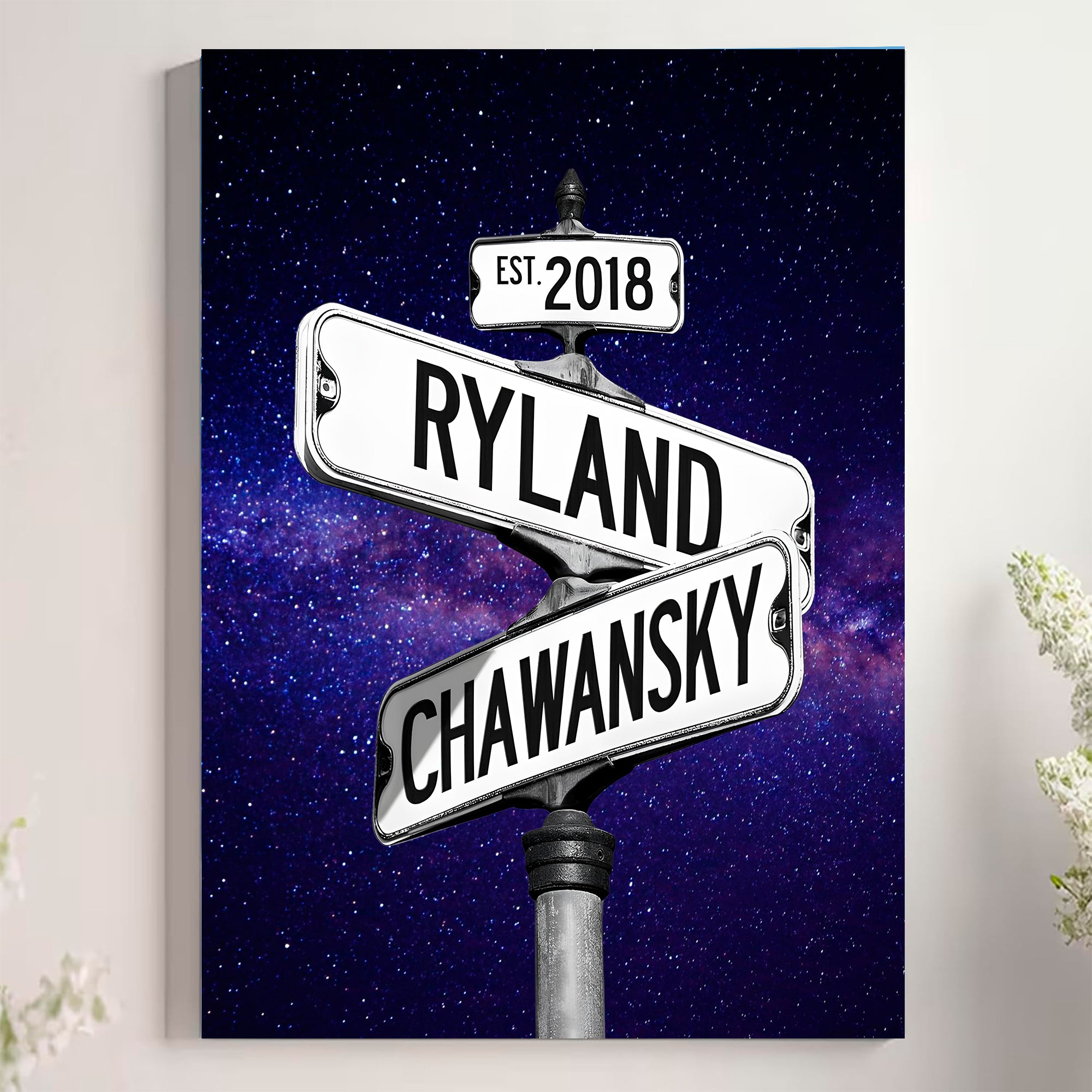 Couple's Name and Date Poster Wall Art Print Canvas on Street Sign Night Sky