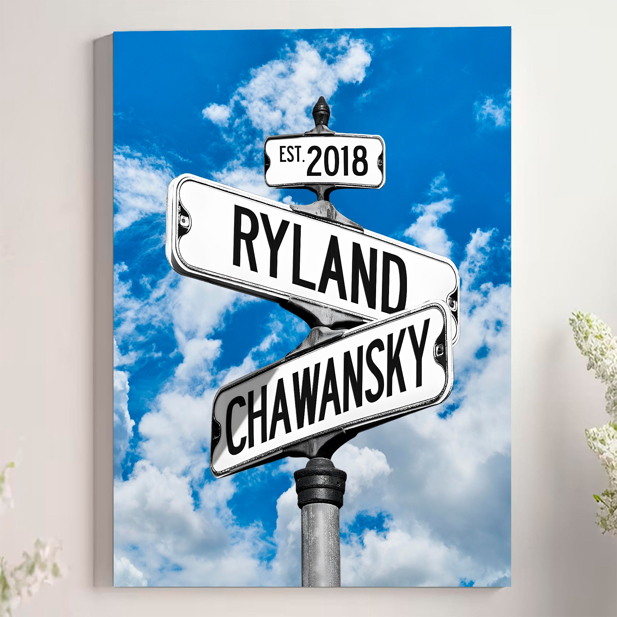 Couple's Name and Date Poster Wall Art Print Canvas on Street Sign Blue Sky