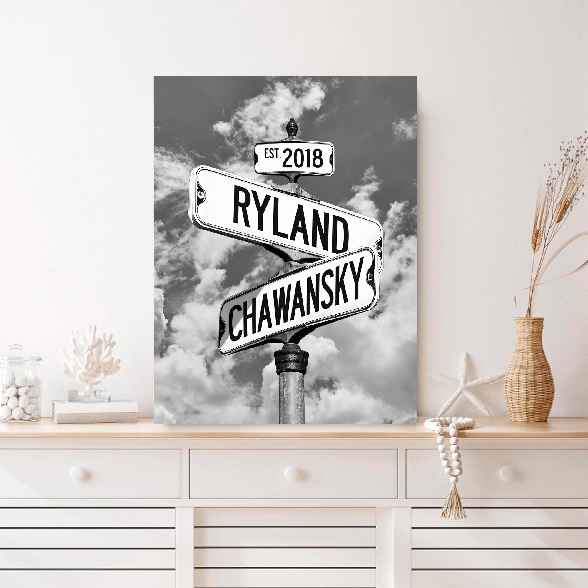 Couple's Name and Date Poster Wall Art Print Canvas on Street Sign Black&White