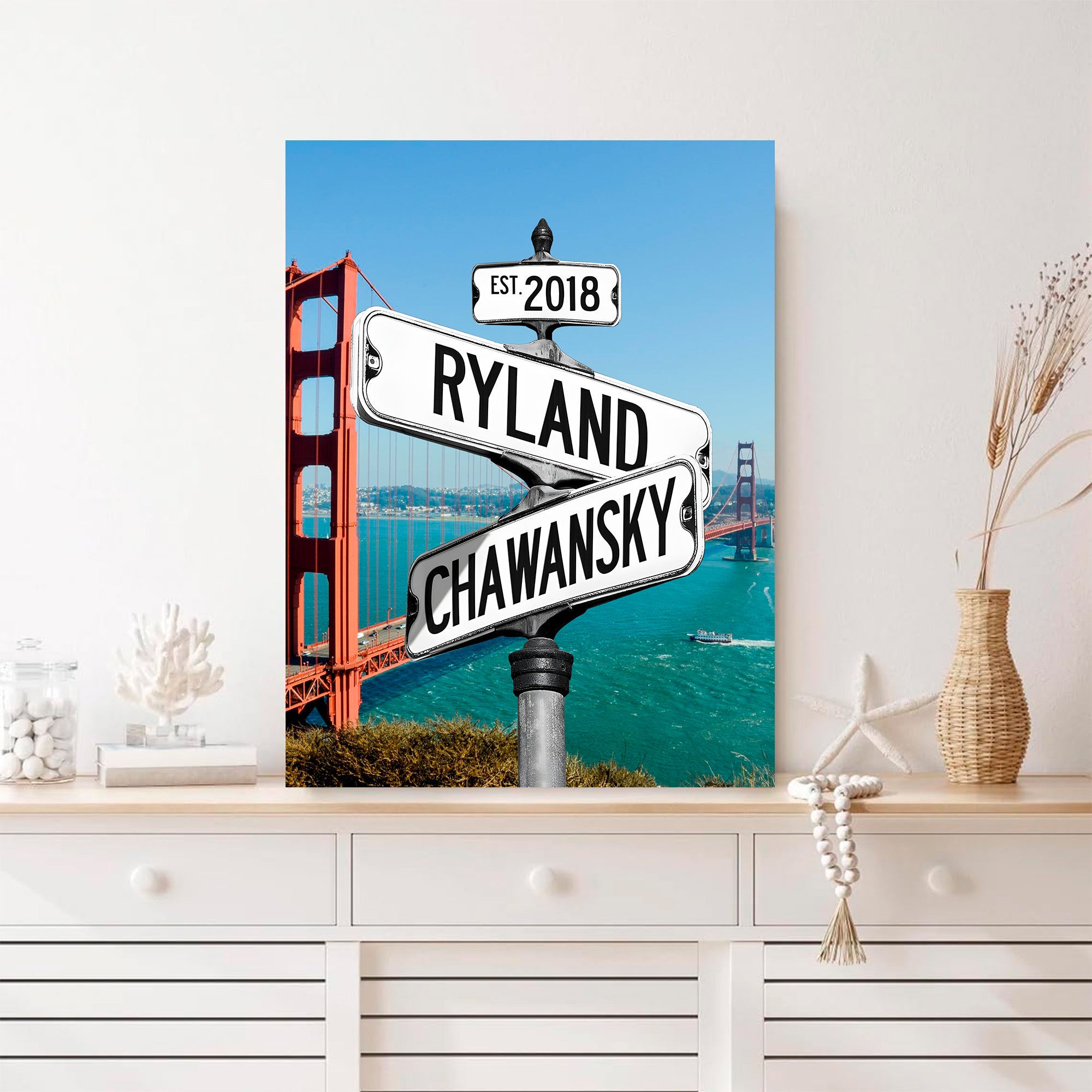 Couple's Name and Date Poster Wall Art Print Canvas on Street Sign Golden Gate