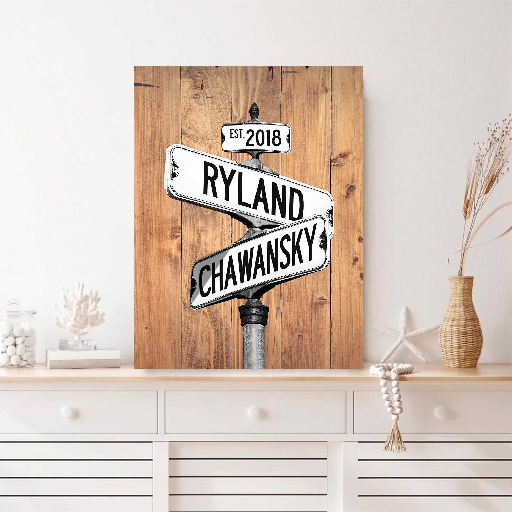 Couple's Name and Date Poster Wall Art Print Canvas on Street Sign Wood