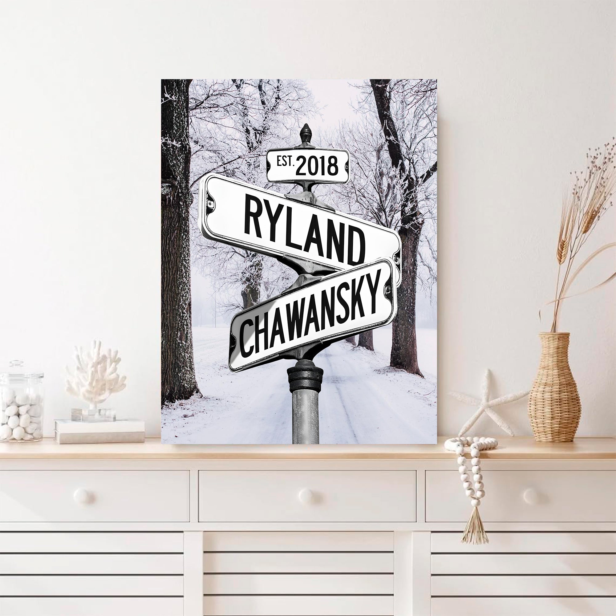 Couple's Name and Date Poster Wall Art Print Canvas on Street Sign Winter Wood