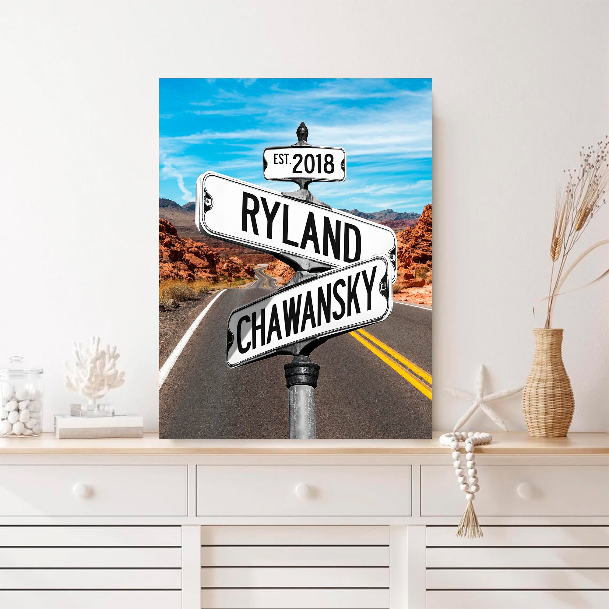 Couple's Name and Date Poster Wall Art Print Canvas on Street Sign Road