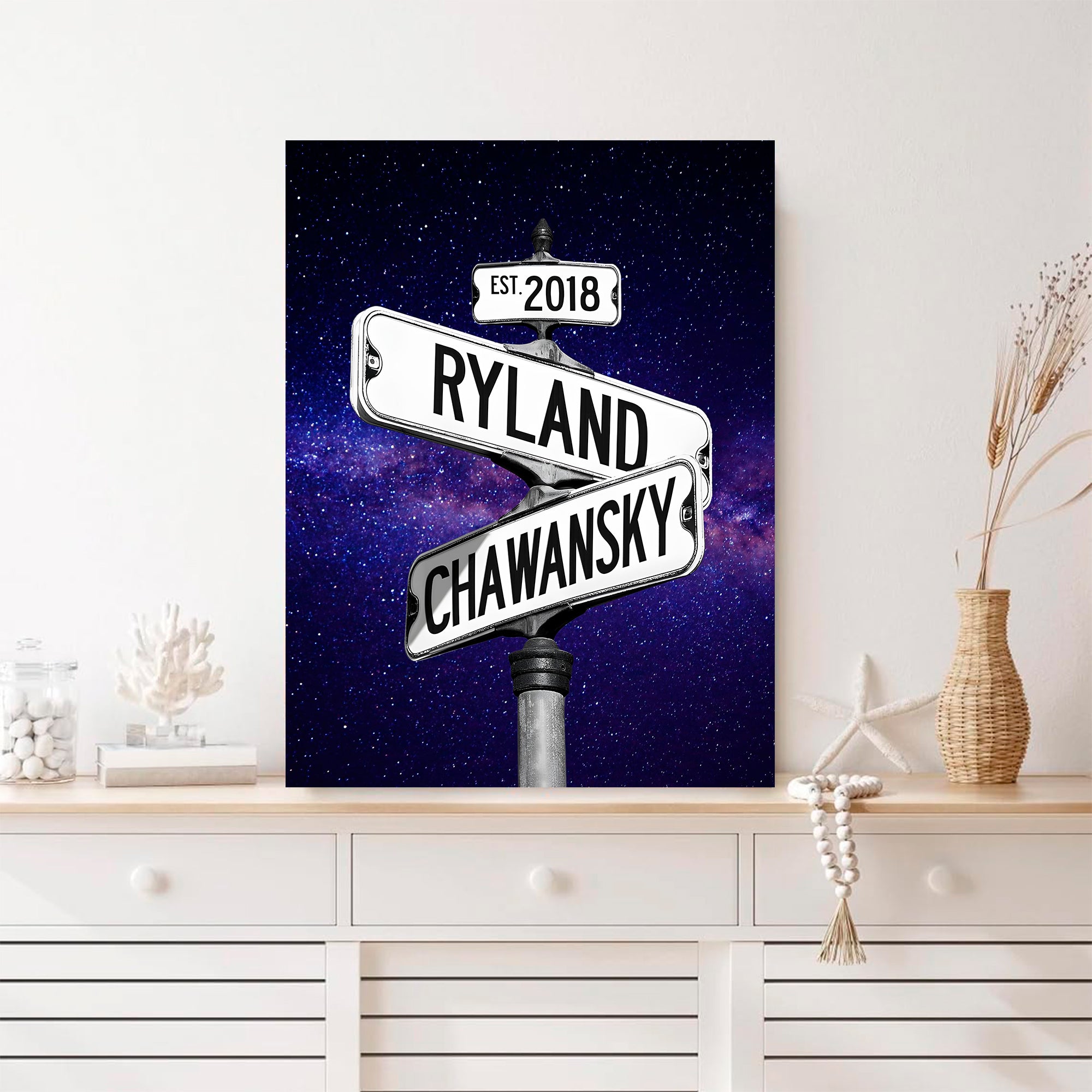 Couple's Name and Date Poster Wall Art Print Canvas on Street Sign Night Sky