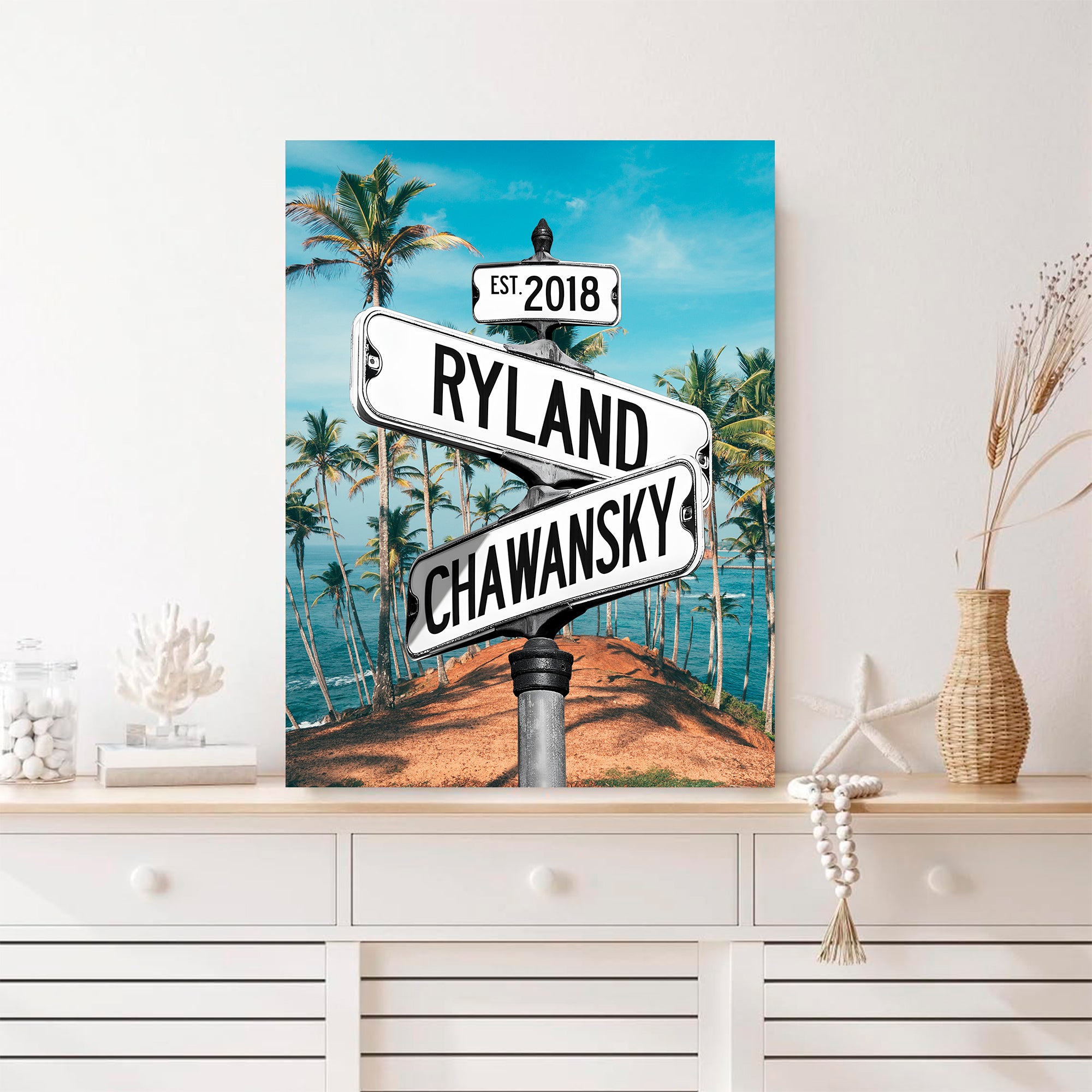 Couple's Name and Date Poster Wall Art Print Canvas on Street Sign Beach