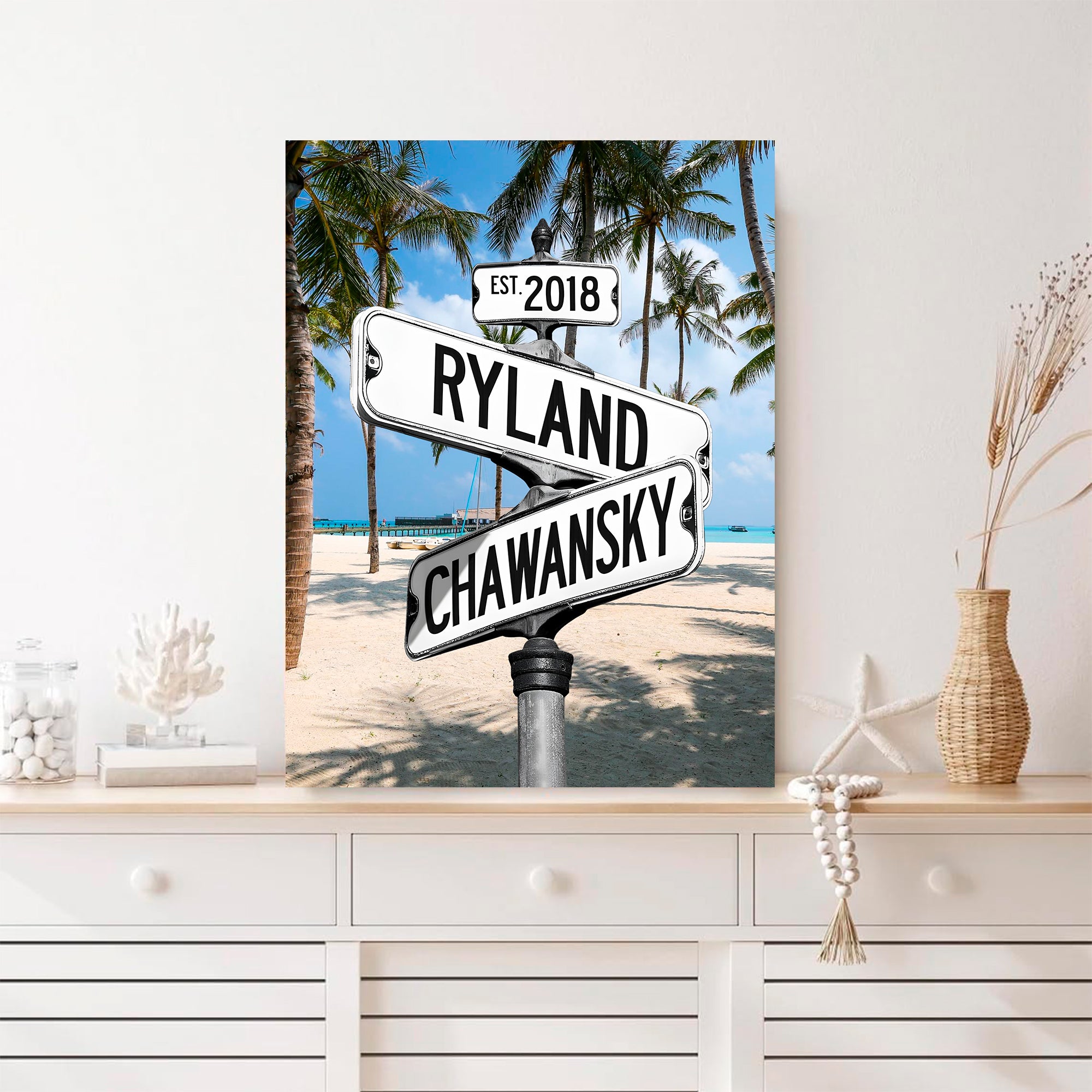 Couple's Name and Date Poster Wall Art Print Canvas on Street Sign Palm Beach