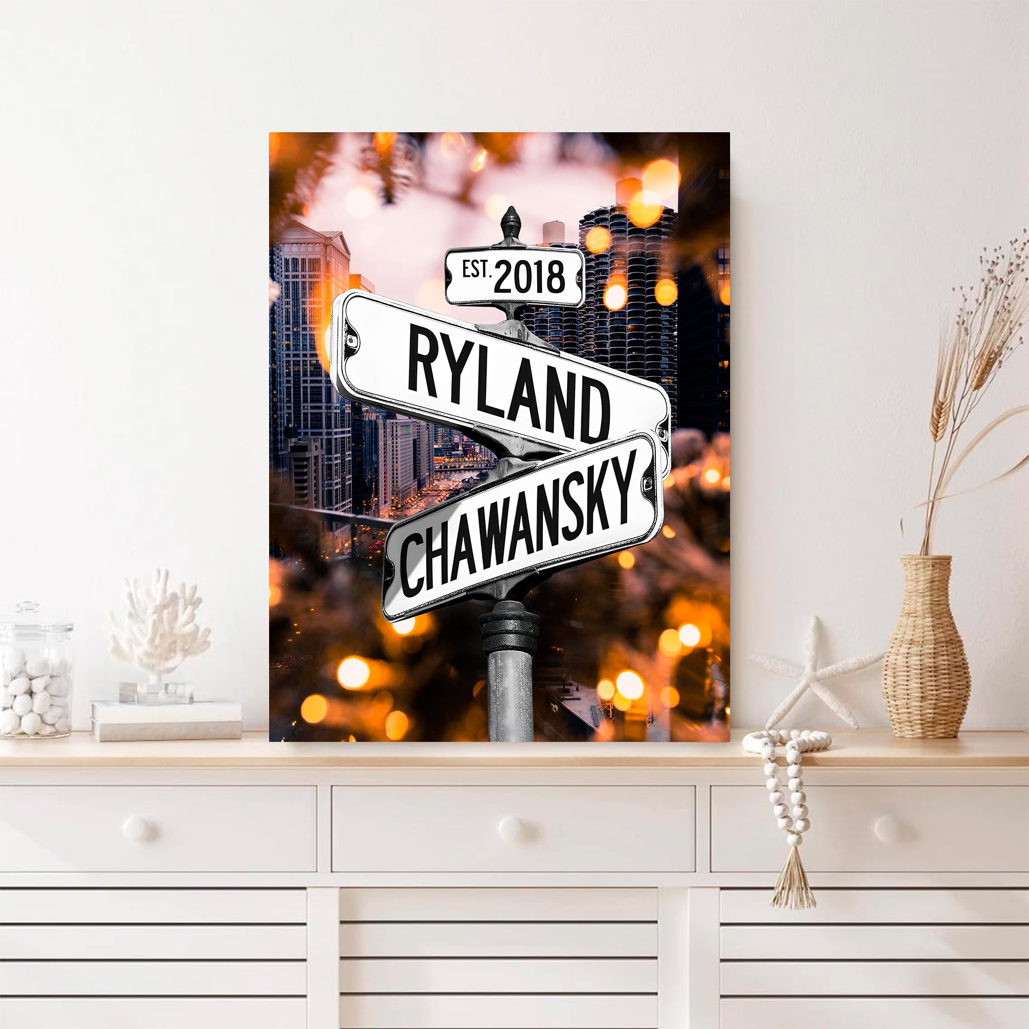 Couple's Name and Date Poster Wall Art Print Canvas on Street Sign City Sunset