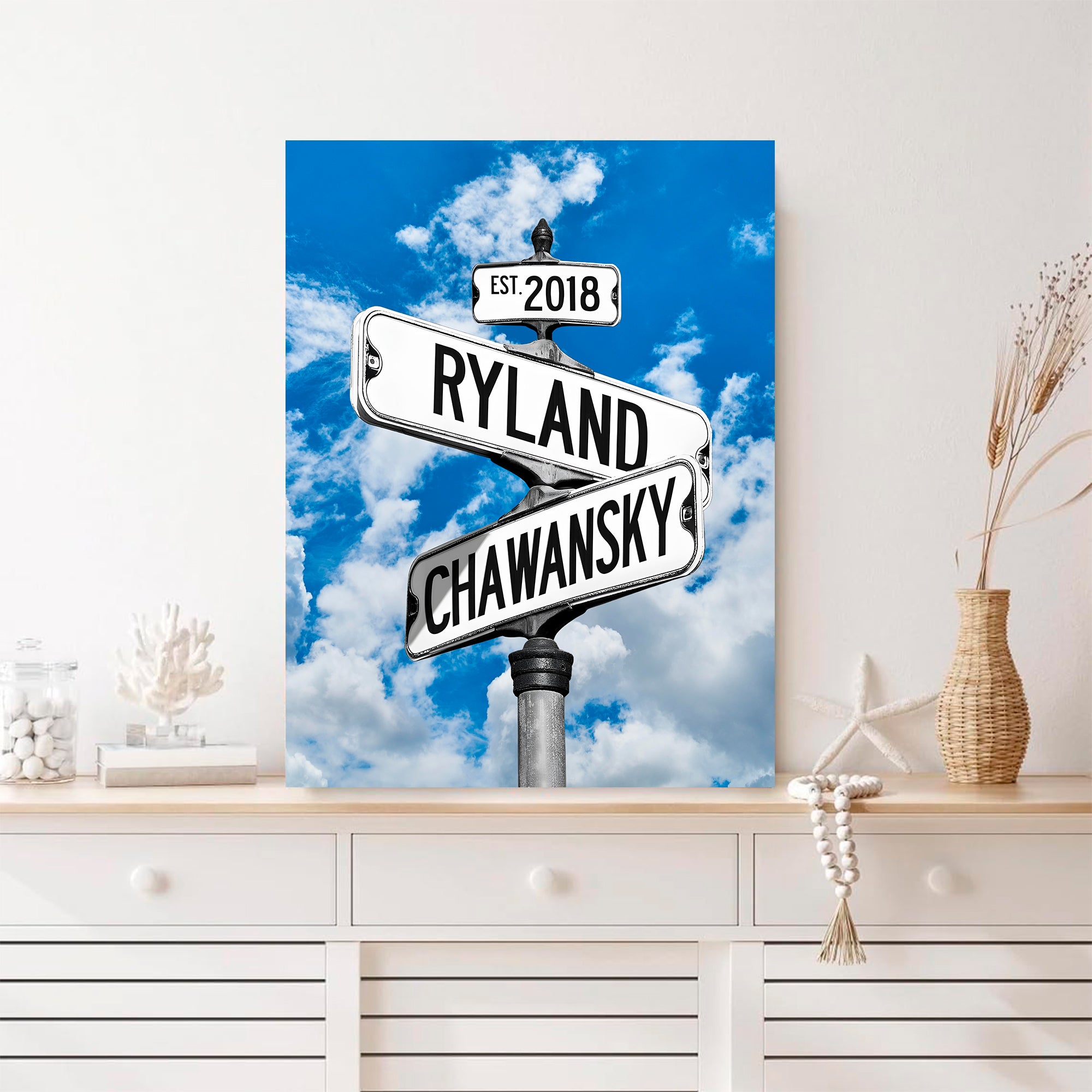 Couple's Name and Date Poster Wall Art Print Canvas on Street Sign Blue Sky